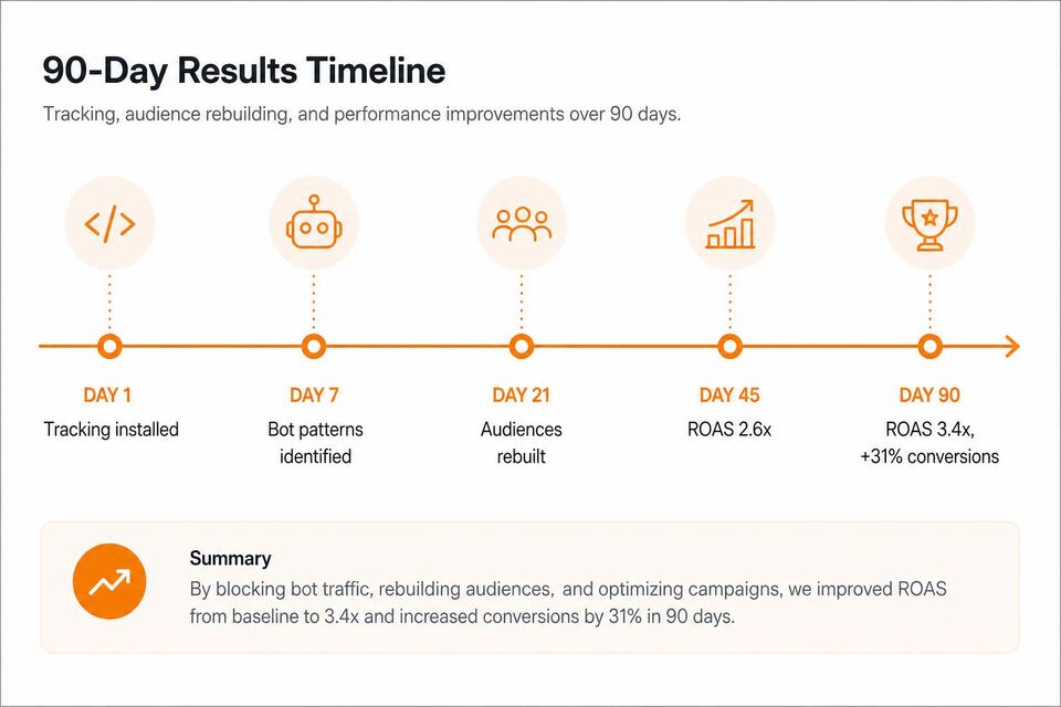 Fashion eCommerce brand (anonymized) 90-day timeline